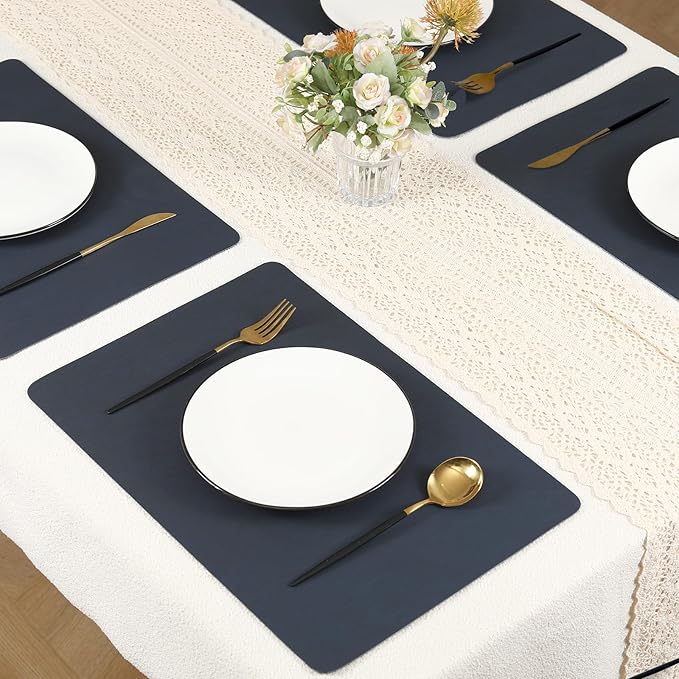 Dark Blue Reversible Faux Leather Placemats – Set of 6 Waterproof, Heat-Resistant & Easy-to-Clean Table Mats for Modern Dining