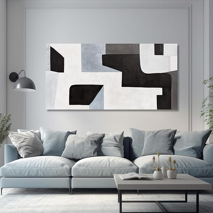 Abstract Wall Art Modern Minimalist Art Wall Decor Black Grey and Blue Irregular Shape Home Decor Canvas Art Wall Decor Abstract Wall Art Framed Artwork for Living Room Bedroom Office 29"x58"
