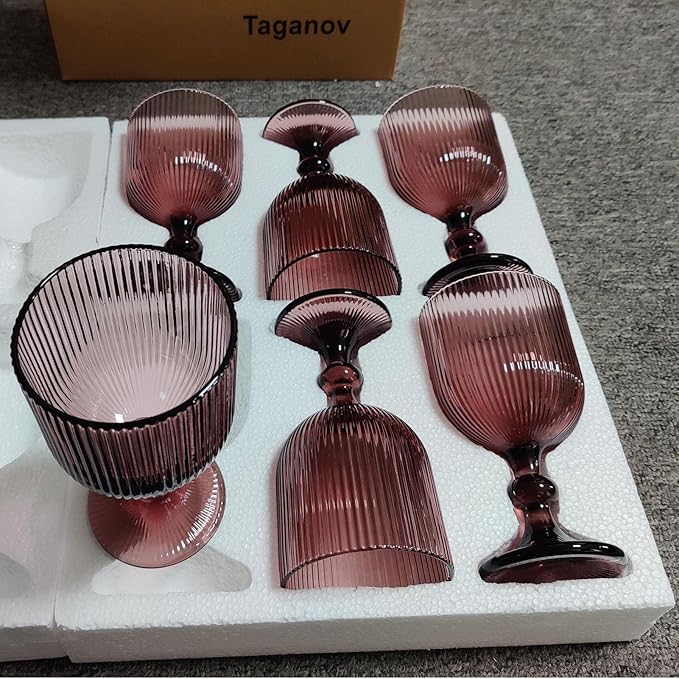 Purple Glasses Drinking Water Goblets set of 6 Colored Wine Glasses 13oz Pink Vintage Glassware for Wedding Party Bar Vertical Line Embossed Pattern Stemmed Cups 400ml