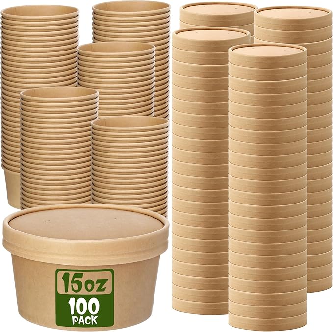 Fulmoon 100 Pack Paper Soup Containers with Lids Disposable Paper Food Containers with Vented Lid Kraft Ice Cream Cake Dessert Cups Soup Bowl for Party Hot Food Fruit Microwave(15 oz,Brown)