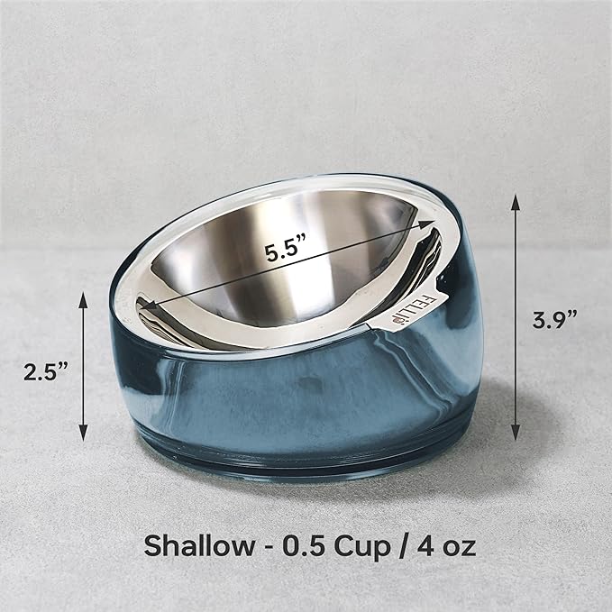 Felli Pet Oblik Whisker Fatigue Cat Food Bowl Raised Stainless Steel Shallow Dish, Pet Design Anti Vomit Tilted Metal Plate Feeder Elevated Acrylic Base (Shadow, 0.5 Cups Shallow Dish)