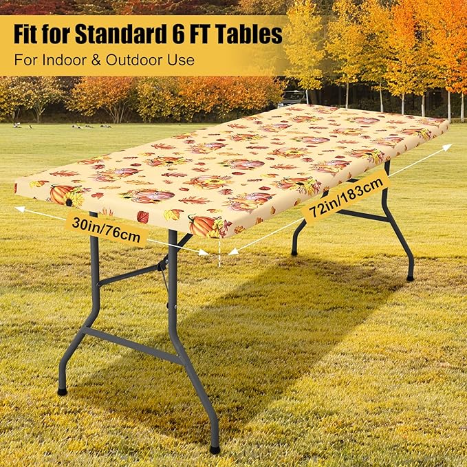 Smiry Rectangle Thanksgiving Table Cloth, Waterproof Elastic Fitted Tablecloths for 6 Foot Tables, Washable Polyester Table Cover for Autumn Harvest Parties (Pumpkin Sunflower, 30"x72")