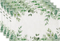 QIYI Boho Placemats Set of 4, 12x18 Inch Linen Fabric Place Mats for Kitchen Dinning, Farmhouse Rustic Cloth Table Mats, Washable Placemat Watercolor Foliage Party Table Décor, Green Leaves Border