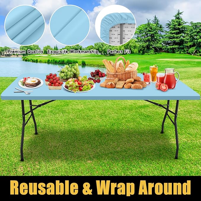 Smiry Rectangle Picnic Table Cloth, Waterproof Elastic Fitted Tablecloths for 6 Foot Tables, Washable Polyester Table Cover for Camping, Indoor and Outdoor (Light Blue, 30"x72")