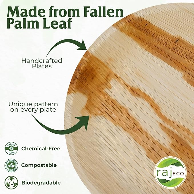 Raj Palm Leaf Plates [50-Pack] 10" Round Plates (2 CASES - 100 PACK) like Bamboo plates Disposable, Strong, Decorative Compostable Tableware for weddings, Lunch, Birthday, Camping, Outdoor