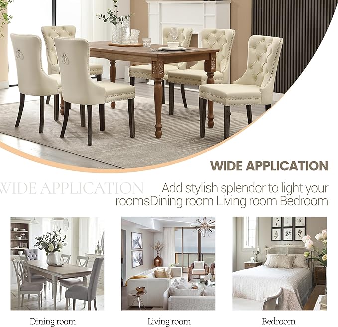 KCC Faux Leather Dining Chairs Set of 4, Upholstered High-end Tufted Dining Room Chair with Nailhead Back Ring Pull Trim Solid Wood Legs, Contemporary Nikki Collection Modern Style for Kitchen, Beige