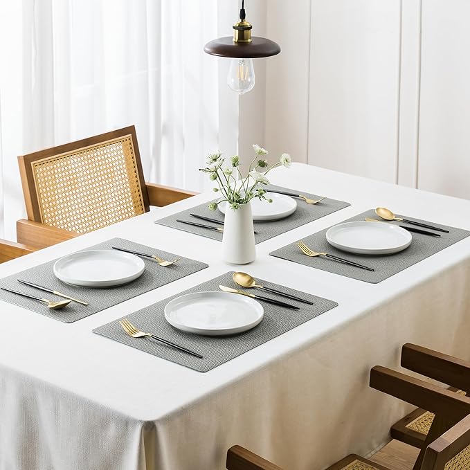 Jovono Faux Leather Placemats Set of 8, Waterproof Washable Table Mats, Easy-Clean Heat Resistant Kitchen Vinyl Place Mat for Dining Table, Restaurant, Indoor, 17.8"x11.8", Light Gray