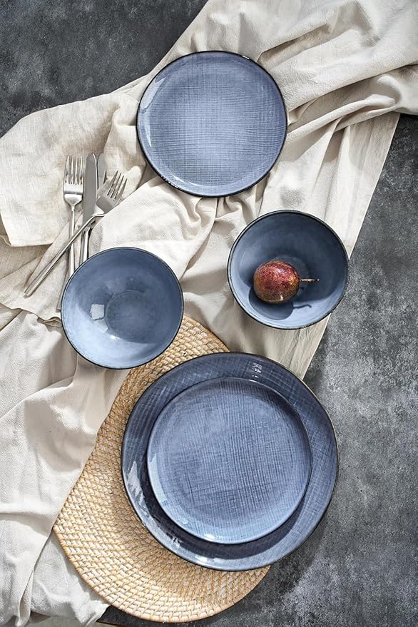 Famiware Moonlight Plates and Bowls Sets, 24 Pieces Stoneware Dinnerware Sets with Linen Finish, Handmade Dishware Set for 8, Microwave and Dishwasher Safe, Chip and Scratch Resistant, Blue