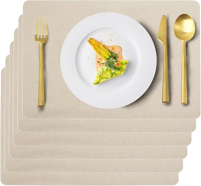 Vinyl Placemats Set of 6 Faux Leather 100% Waterproof Wipeable Washable Place Mats Heat Resistant Easy Clean Non-Slip Table Mats for Indoor Outdoor. (6,Beige)