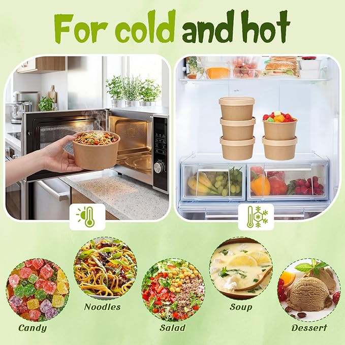 Fulmoon 100 Pack Paper Soup Containers with Lids Disposable Paper Food Containers with Vented Lid Kraft Ice Cream Cake Dessert Cups Soup Bowl for Party Hot Food Fruit Microwave(15 oz,Brown)