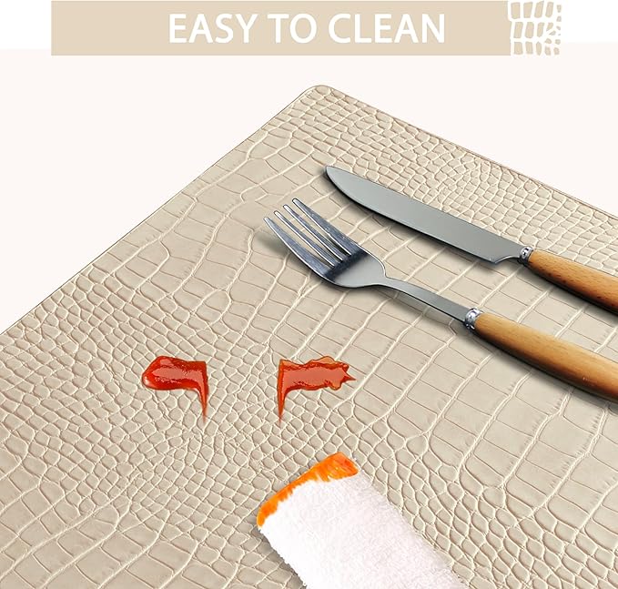 Jovono Faux Leather Placemats Set of 4, Waterproof Heat Resistant Dinner Place Mats for Dining Table, Non-Slip Crocodile Embossed, Beige (17.8x11.8 Inch)