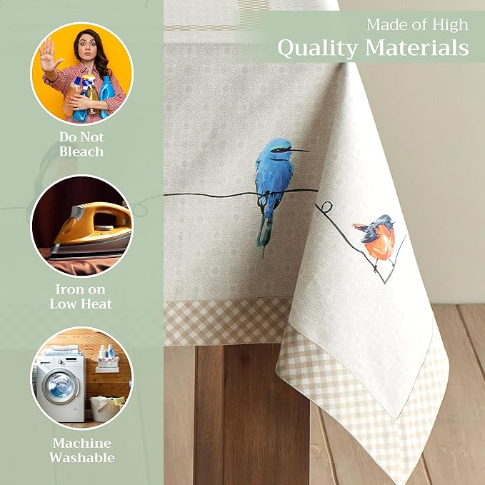 Maison d' Hermine Table Cloth Rectangle Table 100% Cotton 70 x 90 Inches Tablecloth Reusable Decorative for Dining Room Farmhouse Home Valentines Day Decorations Spring Summer - Birdies on Wire