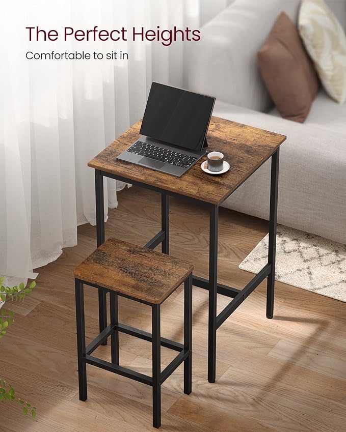 VASAGLE Bar Table and Chairs Set, Square Table with 2 Stools, Dining Pub Set for 2, Space Saving for Kitchen Breakfast, Living Room, Rustic Brown and Ink Black