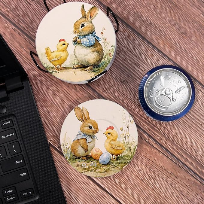 Drink Coasters for Drinks Set of 6, Vintage Easter Cute Rabbit and Eggs Absorbent Round Ceramic Stone Mat Coaster, with Cork Base and Metal Holder, Home Bar Decor House Warming Gift
