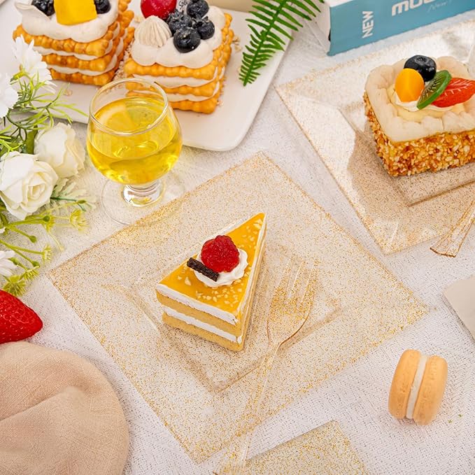 DaYammi 100Pcs Gold Glitter Dessert Plates Including 50Pcs Appetizer Plates 6",50Pcs Plastic Forks 5.7",Gold Glitter Plastic Square Plate for Party,Gold Salad Plate with Cake Fork for Birthday Wedding