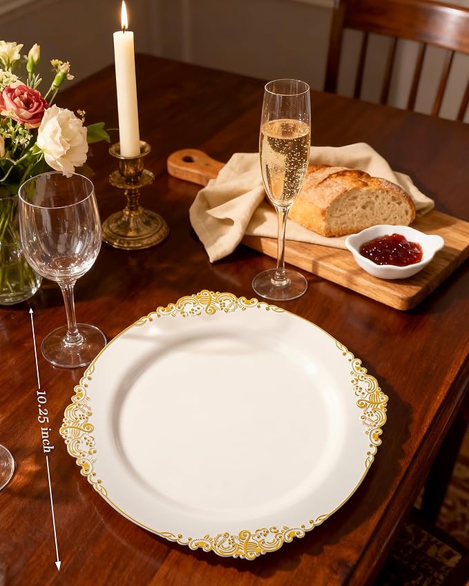 Nervure 100PCS Ivory Plastic Plates - 10.25inch Ivory and Gold Disposable Plates - Heavyweight Dinner Plate for Wedding & Party