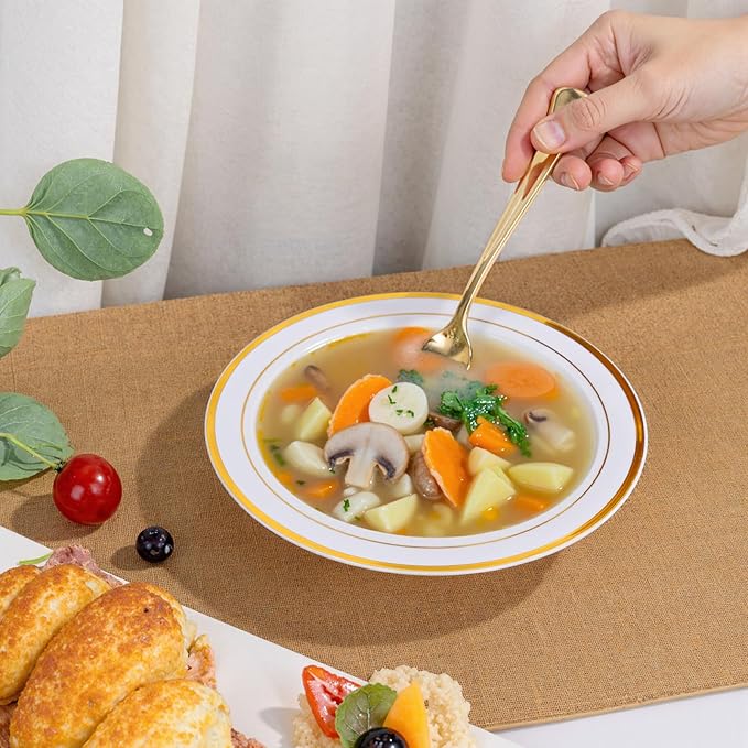 bUCLA 60 Pack Plastic Bowls with Gold Rim - 12 oz Plastic Soup Bowls Disposable for Wedding, Party, Gathering & Thanksgiving