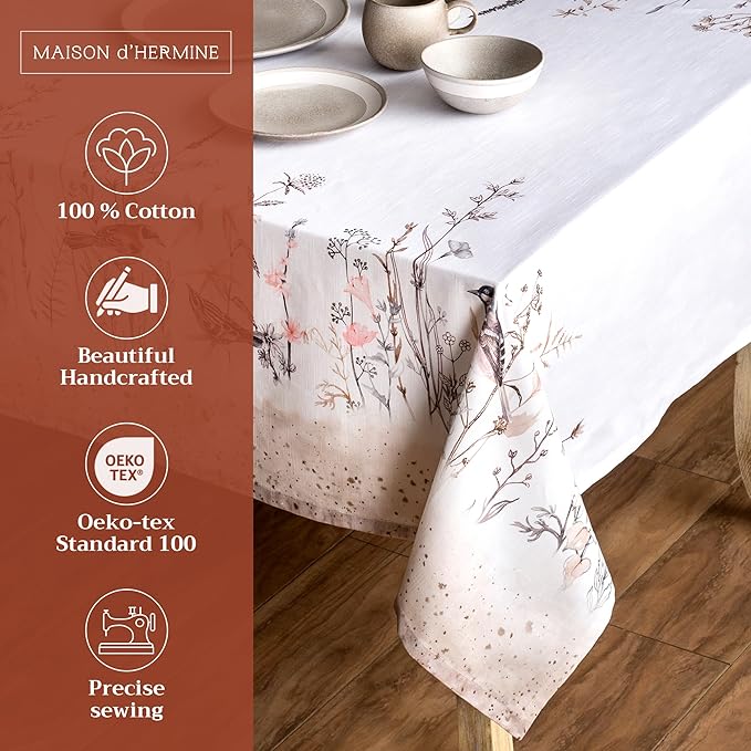 Maison d' Hermine Table Cloth Rectangle Table 100% Cotton 60 x 120 Inches Tablecloth Reusable Decorative for Dining Room Farmhouse Home Valentines Day Decorations Spring Summer- Meadow Florals - Brown