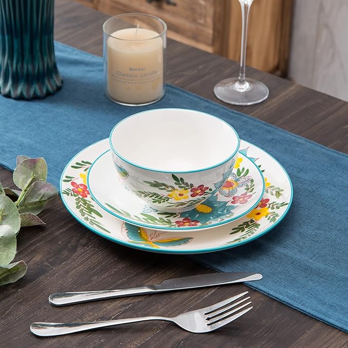 HomePop Ceramic 12-Pieces Dinnerware Sets,Dish Plates and Bowls Sets - Red