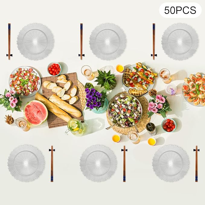 50 Pcs Antique Charger Plates Bulk, 13in Reusable Serving Plates Embossed Rim Plastic Party Dinner Plate Chargers Round Decorative Server Plate for Wedding Party Event Tableware