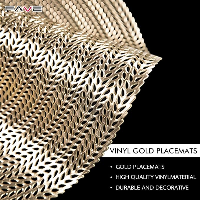 FAVE 10PCS Gold Vinyl Round Placemats, Wheat Sheaf Design 15 Inch Placemats Set of 10 Washable for Dining, Events, Banquet, Home & Daily Use (Gold Wheat,10pcs)