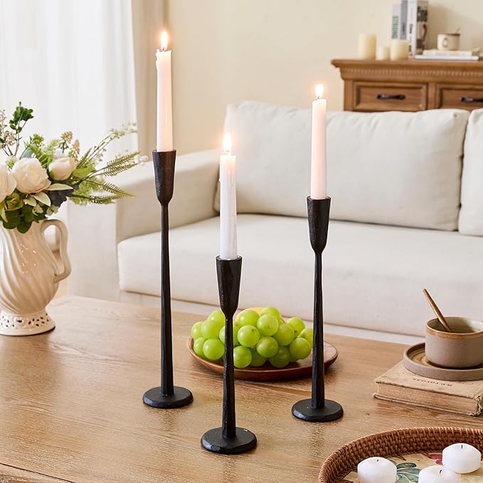 Cast Iron Taper Candle Holder Set of 3, Heavyweight Tall Candlestick Holders, for Fireplace Mantle & Dining Table, Versatile Decor for Wedding, Holiday, Home & Christmas (Black)