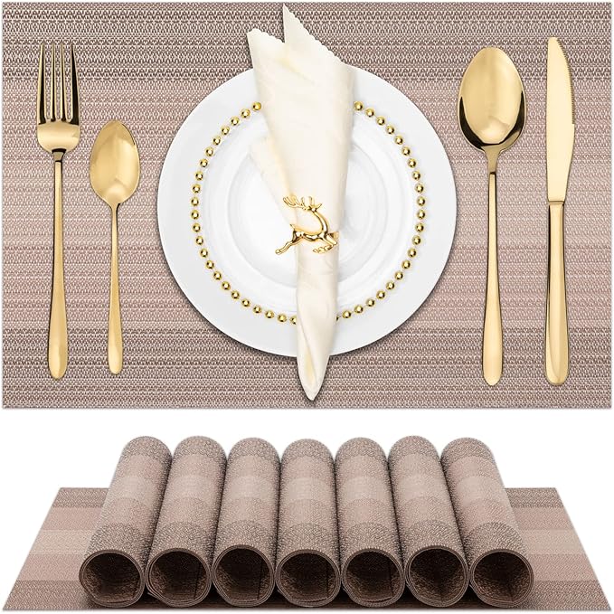 Winknowl Placemats Set of 8, Washable Vinyl Woven Placemats, Heat Resistant & Wipeable Table Mats for Kitchen Dining Table (Pink Gold)