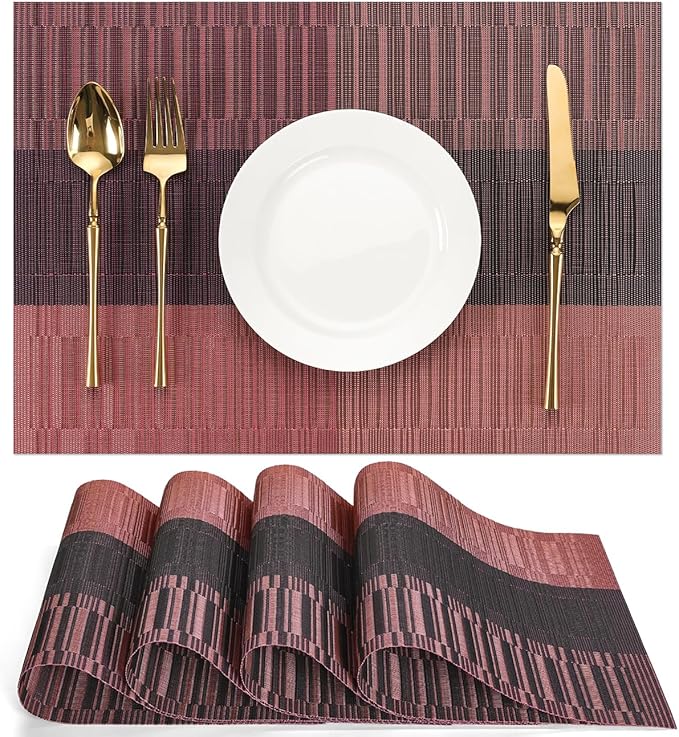 Placemats Set of 4, Vinyl Woven Place Mats Indoor Set of 4 Washable Wipeable PVC Table Mats Heat-Resistant Non Slip Plastic Placemat for Kitchen Dining Outdoor Table (Purple Red, Set of 4)