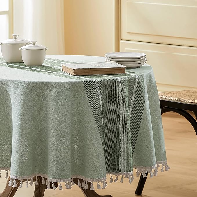 ZeeMart Contrast Linen Round Tablecloth 60 Inch Green, Farmhouse Style Round Table Cloth Heavy Weight Sage Green Tablecloths, Water Resistant Burlap Table Cloths