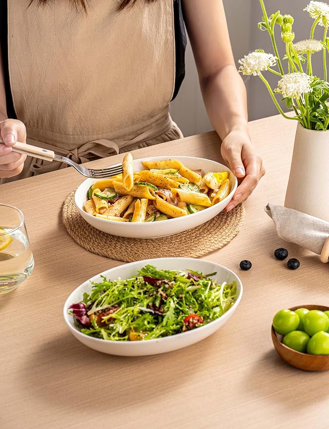 8.6" Oval Serving Bowls, 24 oz Small Oval Bowl for food, Side Dishes, Salad, Pasta, Snacks, Fruit, White Ceramic Serving Dish, Set of 4