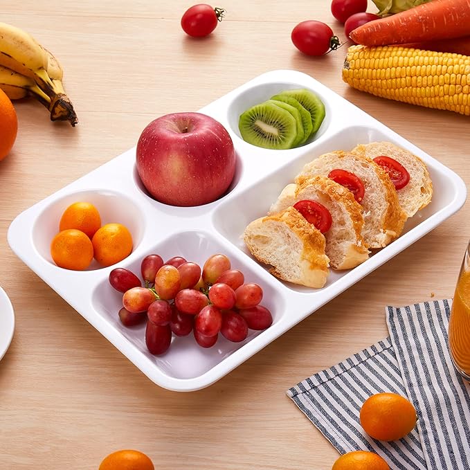 Divided Melamine Plates 5-Compartment White Serving Tray, 13.3 x 9.76 inches, 3 PCS, PFW-133976-03