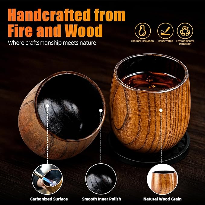 Luxury Wooden Whiskey Glass Gift Set for Men – 2 Handcrafted Carbonized Wood Tumblers with Reusable Metal Ice Cubes & Coasters, Premium Barware Gift Box for Bourbon Lovers for Dad