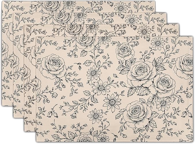 Rustic Floral Placemats - Country Place Mats Set of 4 Farmhouse Rose Flowers Tablemats 12x18 for Party Kitchen Dining