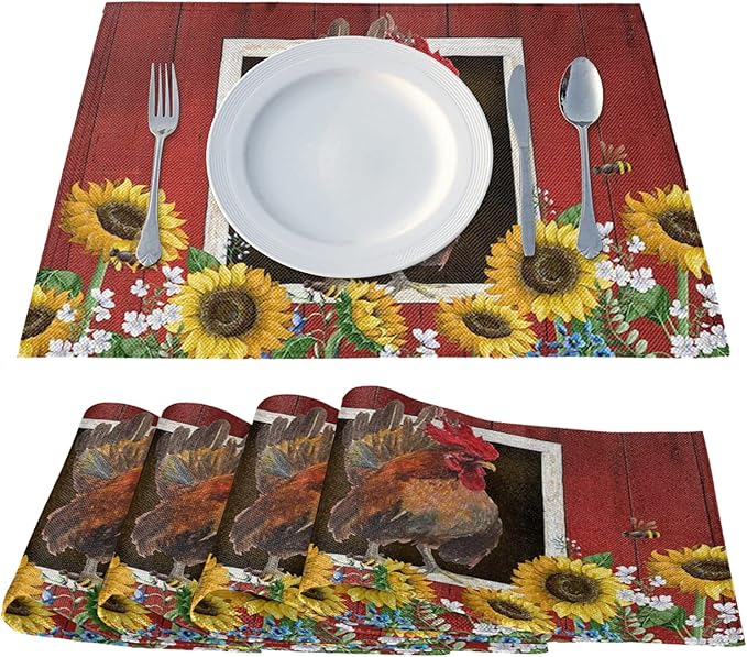 Watercolor Red Barn Cock Placemat Set of 6, Rooster Sunflowers Heart Heat-Resistant Washable Table Place Mats for Kitchen Dining Table Decoration