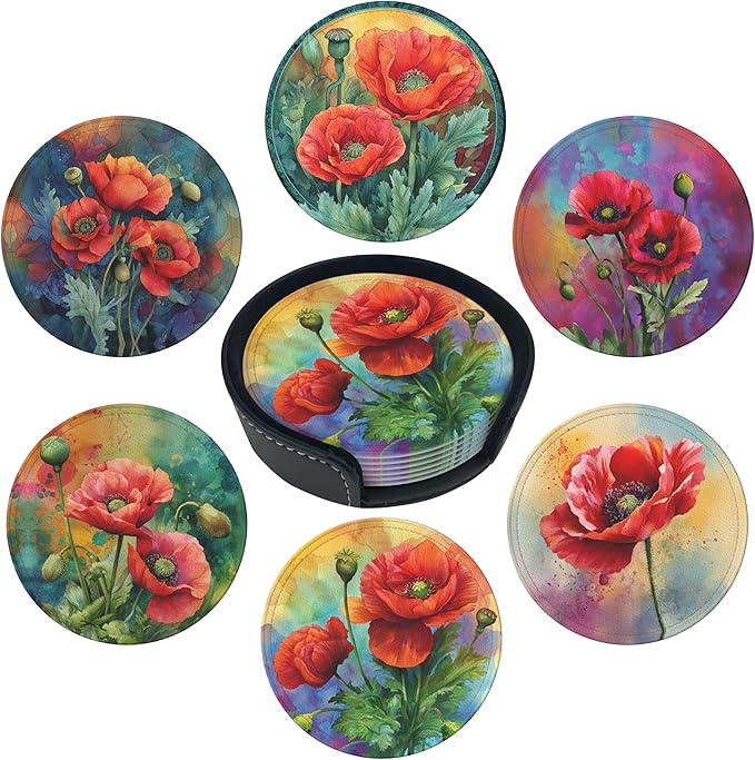 Red Flowers Coasters Leather Round Drink Coasters 6 Pcs Set with Holderor for Cup Drink Coffee Table Bar Home Decor