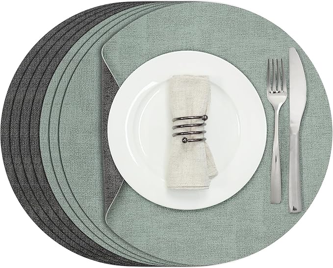 Myir JUN Round Placemats Dual Sided, Faux Leather Place Mats Set of 8 Indoor for Dining Table Outdoor Non-Slip Washable Table Mats (Set of 8, Gray Sage Green)