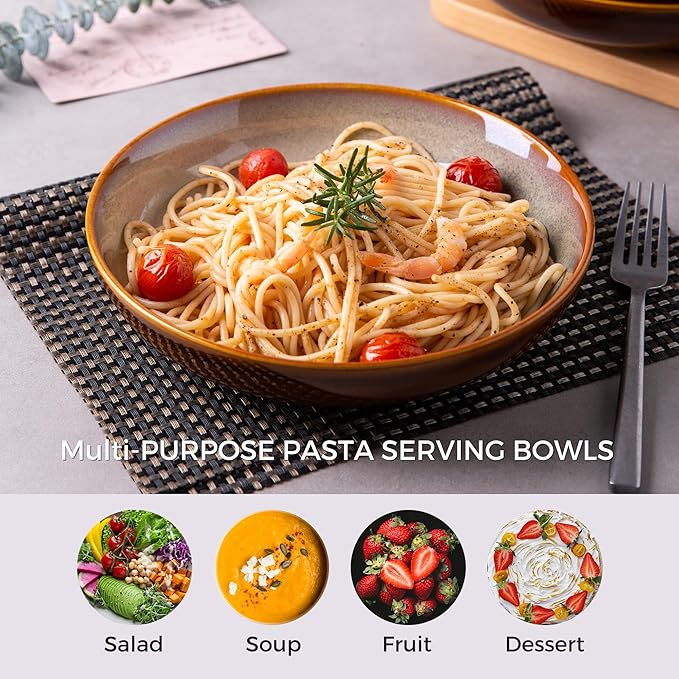 LERATIO Large Pasta Bowls,38oz Ceramic Pasta Bowls,9.0" Reactive Glaze Pasta Bowl Set of 6,Microwave & Dishwasher,Oven Safe,Wide Serving Bowls for Salad,Pasta,Fruit,Scratch Resistant-Khaki