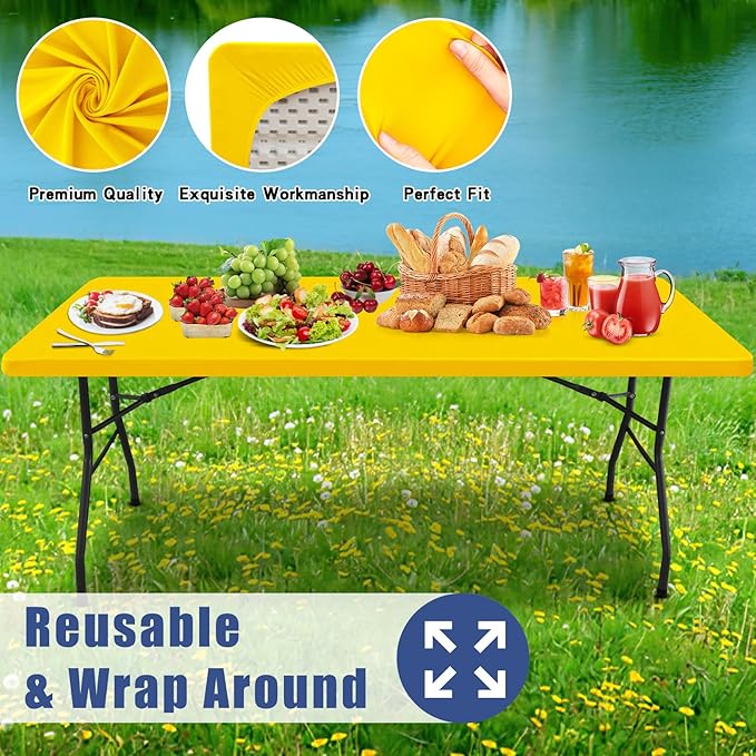 Spandex 6 Foot Rectangle Table Cloth 2 Pack, Elastic Fitted Tablecloths for Picnic, Stretch Washable Patio Table Cover for Outdoor, Camping, Banquet and Parties (Yellow, 30"x72")