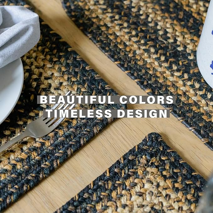Homespice Kilimanjaro Jute Woven Round Placemats Set of 6, 15", Warm Primitive Decor, Black and Tan Table Mats - Vibrant Colors, Durable, Easy to Clean and Protects Furniture