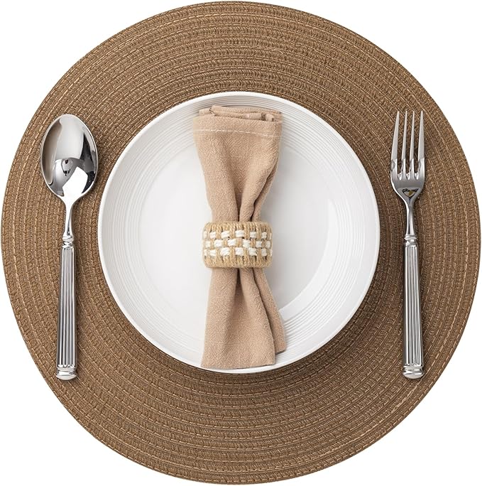 Round Placemats Set of 4 Woven Placemats Washable Braided Table Mats for Dining Table Heat Resistant Non-Slip Circle Place Mats(Brown)