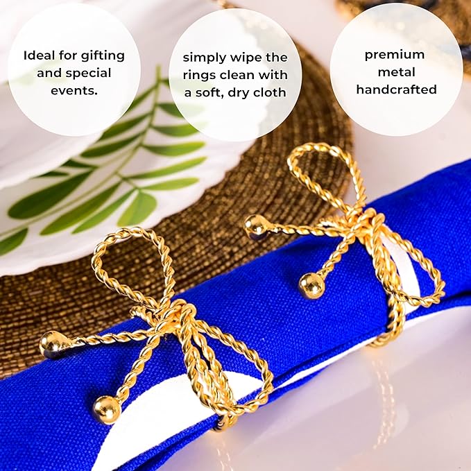ALPHA Living HOME Napkin Rings Set of 12, Holiday Napkin Holders, Metal Napkin Rings for Safari Theme Table Décor Handmade for Holiday, Weddings, Receptions, Banquets, Events, Bow Shape, Gold