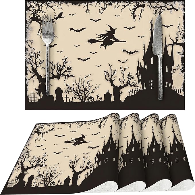 Halloween Witch Castle Placemats Set of 4 Washable Table Place Mats for Dining Kitchen Party Decor