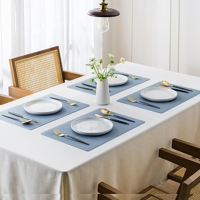 Jovono Faux Leather Placemats Set of 4, Waterproof Washable Table Mats, Easy-Clean Heat Resistant Kitchen Vinyl Place Mat for Dining Table, Restaurant, Indoor, 17.8"x11.8", Light Blue