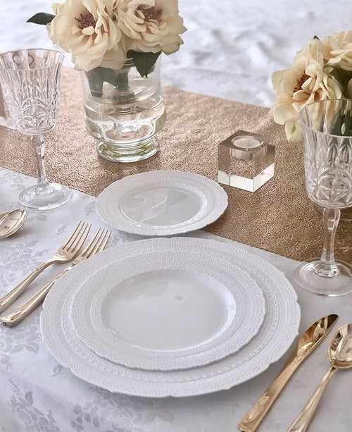 " OCCASIONS " 640pcs set (80 Guests)-Extra Heavyweight Vintage Wedding Disposable/Reusable Plastic Plates 80 x 11'' + 80 x 8.25''+Silverware+Cups+Napkins (Chateau Collection Light Gray)