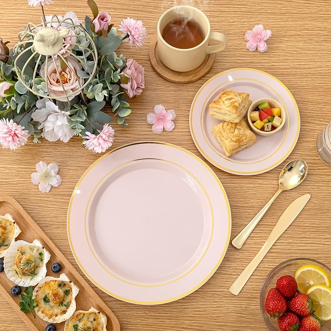 175PCS Pink plastic Plates - Pink Disposable Plates 25Guests Disposable Dinnerware Sets with Rolled Napkins for Wedding/Birthday/Easter/Baby Shower