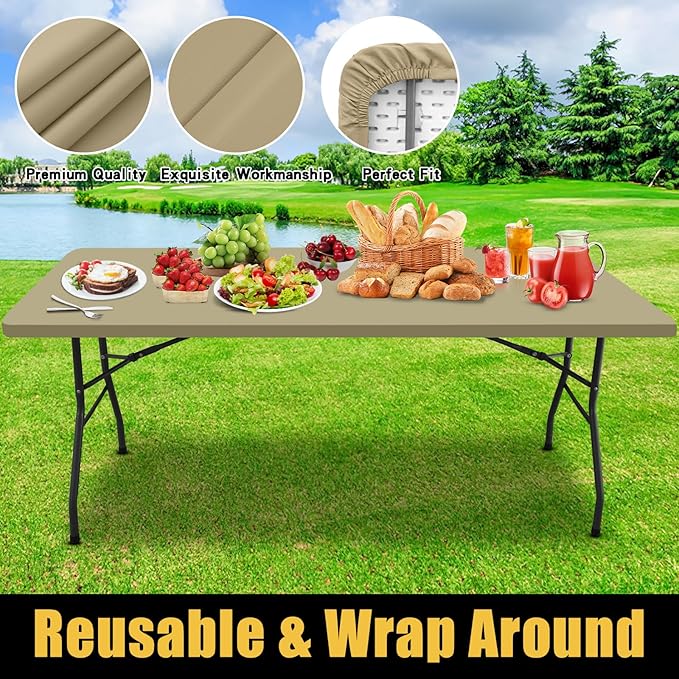 Smiry Rectangle Picnic Table Cloth, Waterproof Elastic Fitted Tablecloths for 8 Foot Tables, Washable Polyester Table Cover for Camping, Indoor and Outdoor (Taupe, 30"x96")