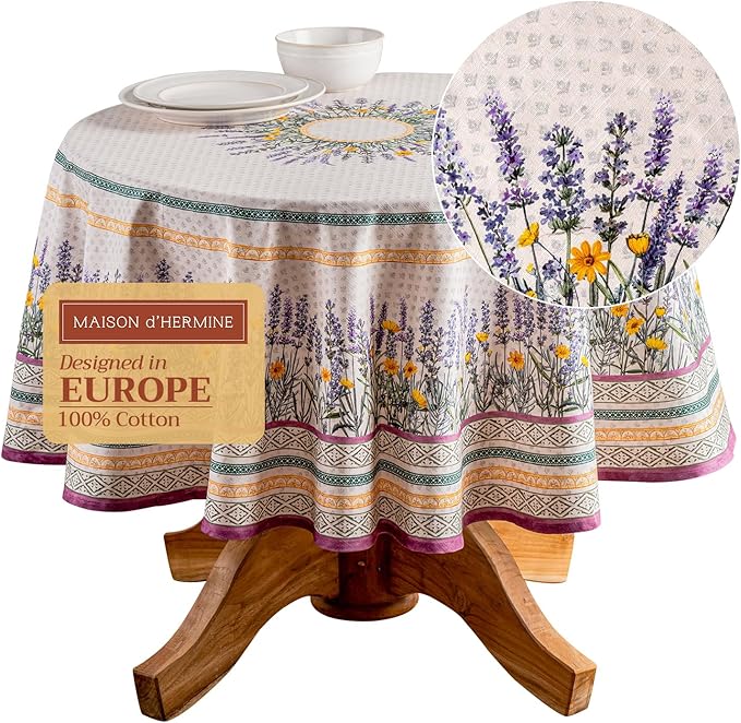 Maison d' Hermine Table Cloth Round Table 100% Cotton 63 Round Inches Tablecloth Reusable Decorative for Dining Room Farmhouse Home Valentines Day Decorations Spring Summer - Fanny Lavender