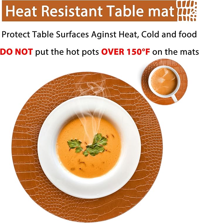Jovono Round Leather Placemats for Round Tables Set of 4, Brown Place Mats and Coasters, Wipeable Waterproof Heat Resistant Table Mats Easy to Care for Indoor Decor 13 inch Diameter