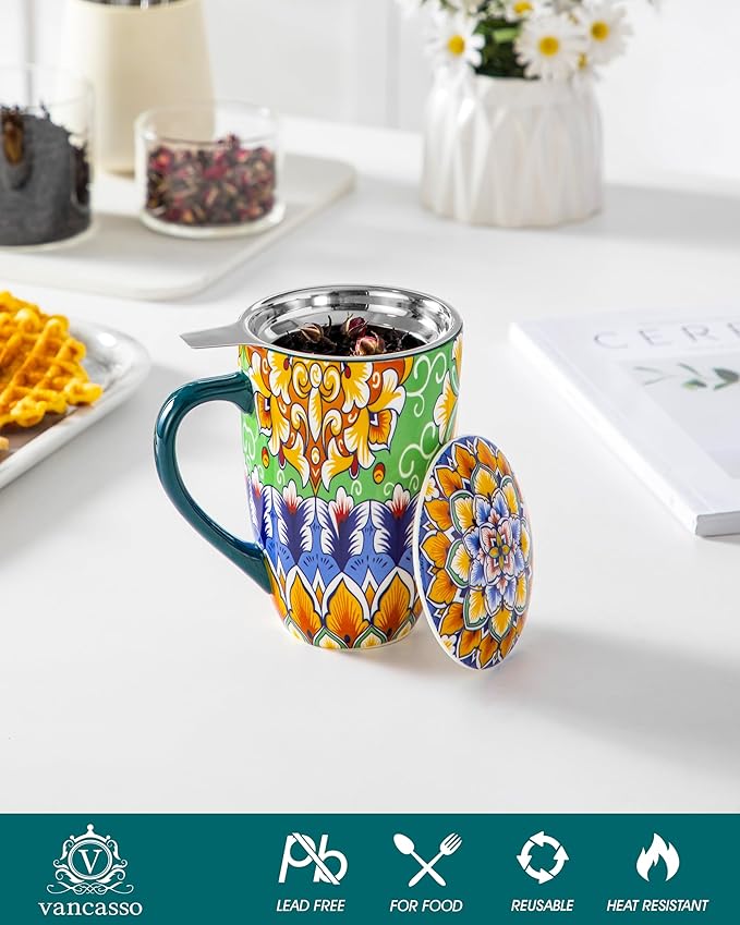 vancasso Ceramic Tea Mug with Infuser and Lid, 18 Ounce Bohemian Loose Leaf Cup, Microwave & Dishwasher Safe, Perfect for Tea, Coffee, Lime-Green Fiesta