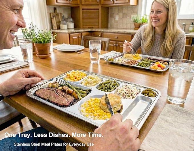 Korean Stainless Steel Divided Plates with Cutlery Slot for Adults, Premium 304, Electro-Polished, No Black Residue, BPA-Free, XL 8-Compartment Food Tray, Camping, Set of 2